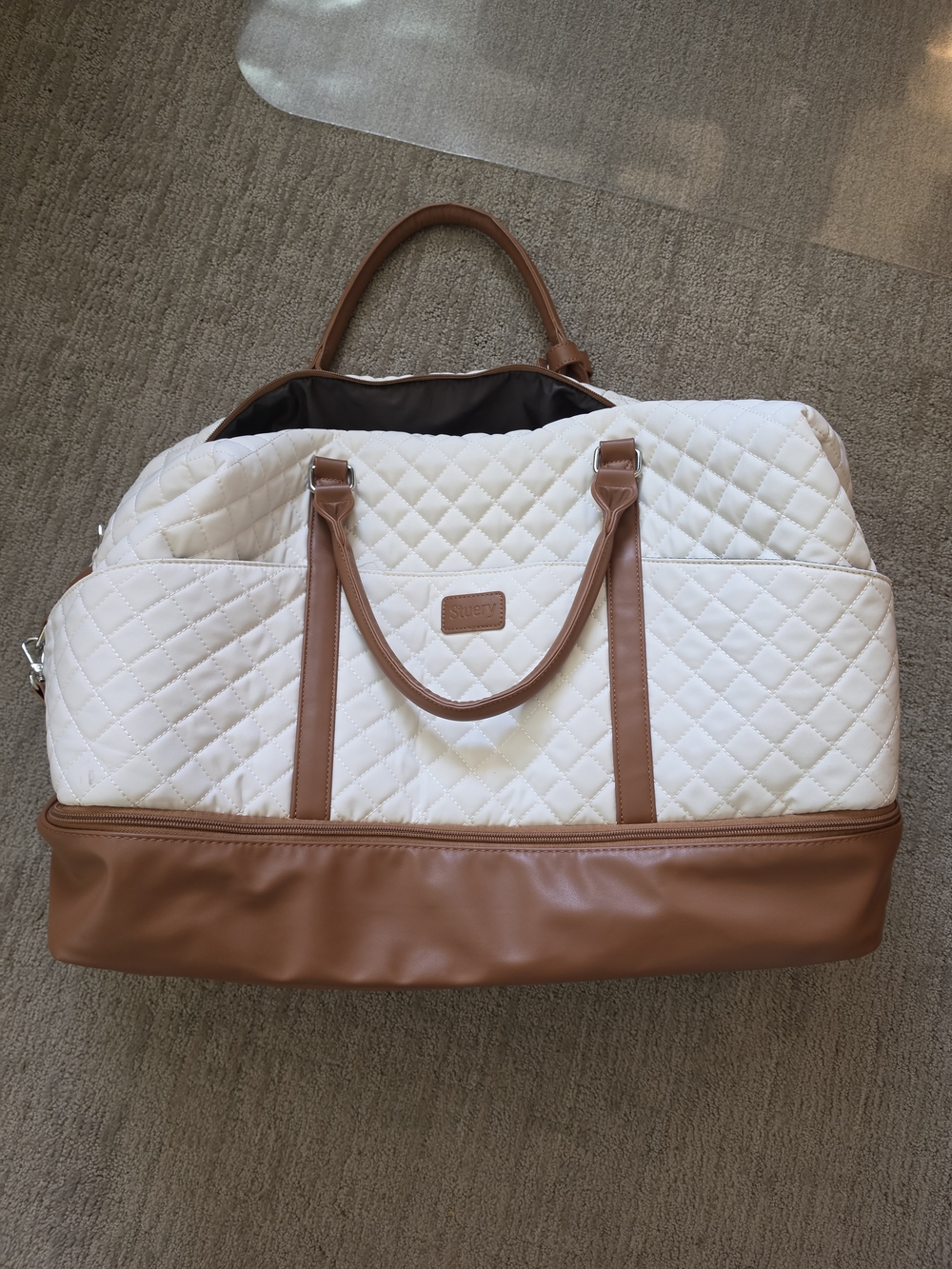 White Quilted Travel Weekender with Tan Trim